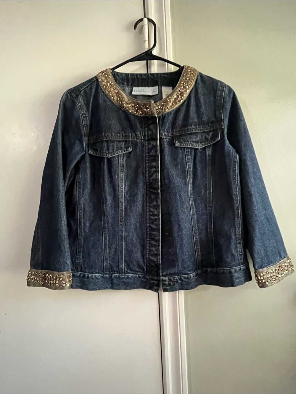 First issue a Liz Claiborne company Dark Blue Denim Jacket with Jeweled Collar